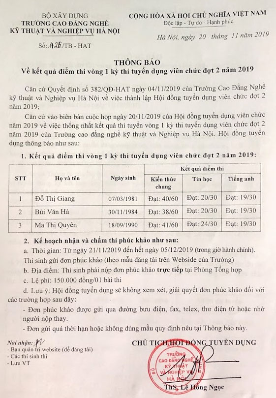 Thông báo về kết quả điểm thi vòng 1 Kỳ thi tuyển dụng viên chức đợt 2 năm 2019