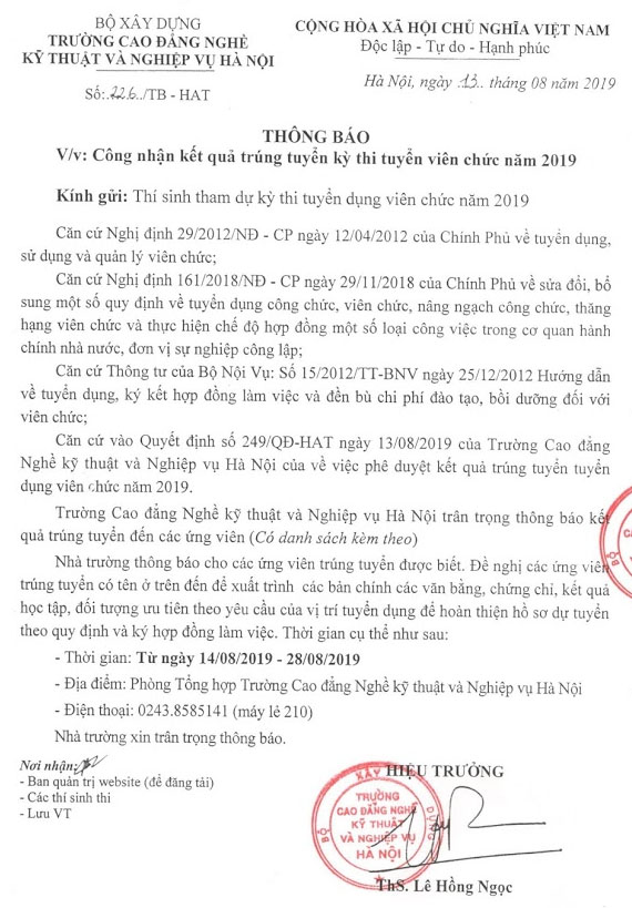 Thông báo công nhận kết quả trúng tuyển kỳ thi tuyển viên chức năm 2019